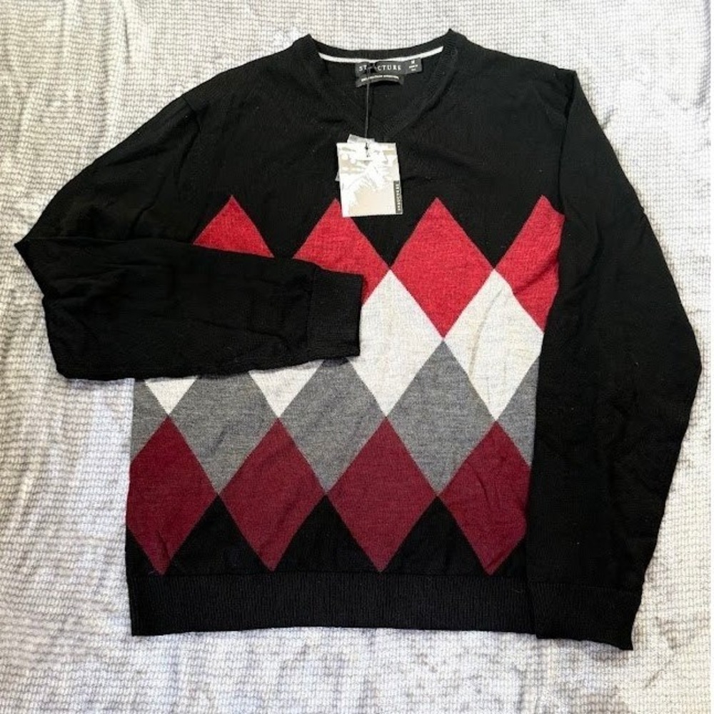Structure Mens Argyle V-Neck Sweater Black Red Grey Italian‎ Merino Wool M Y2K